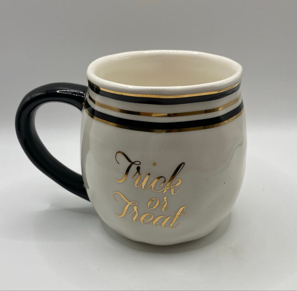 Halloween Trick or Treat Mug Black Gold Trim White Ceramic